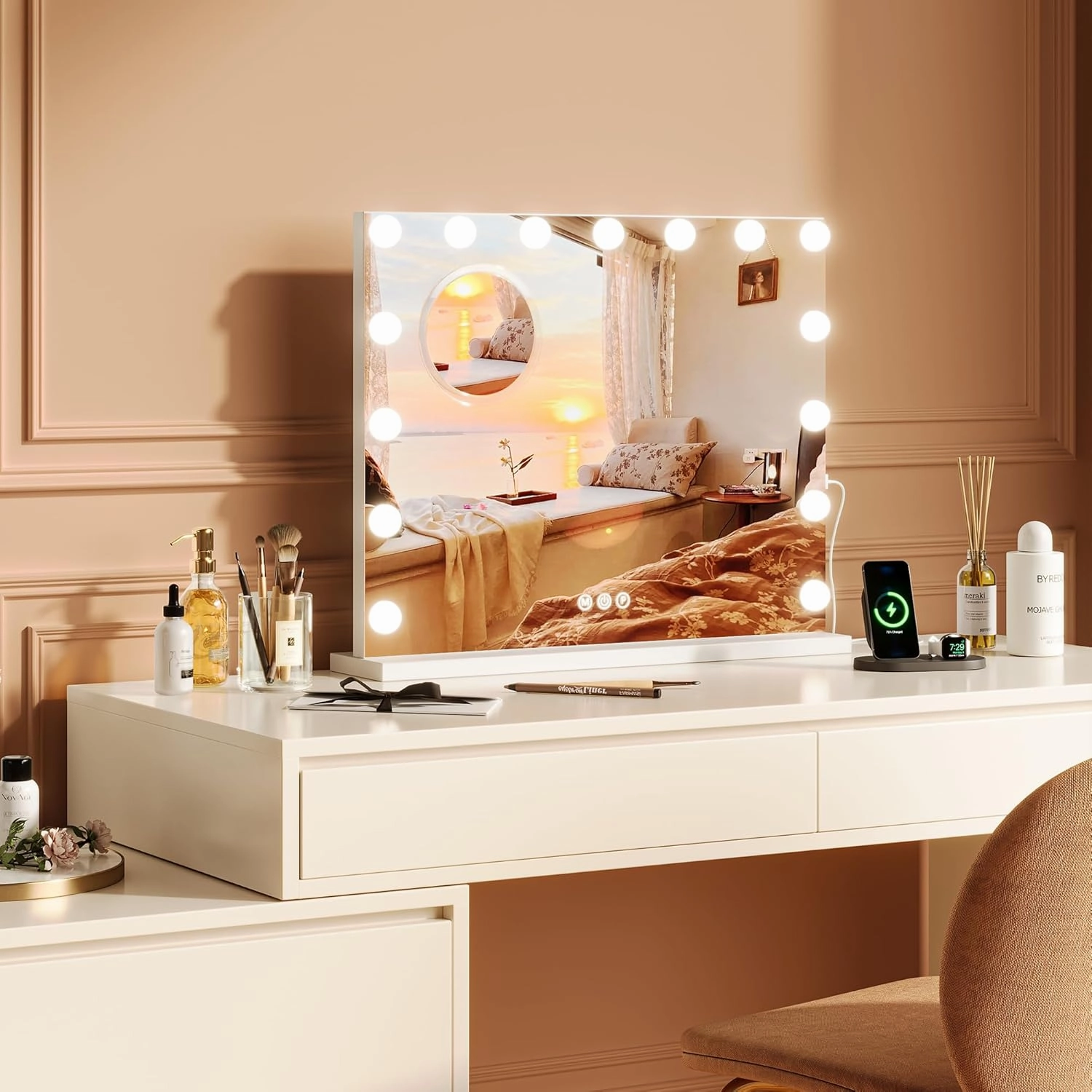 Professional Vanity Mirror with 15 Dimmable LED Bulbs, Tabletop Makeup Mirror with 3 Lighting Modes and 3x Magnification, Smart Touch Controls, Dressing Rooms&Bedrooms, Tabletop or Wall Mount, White