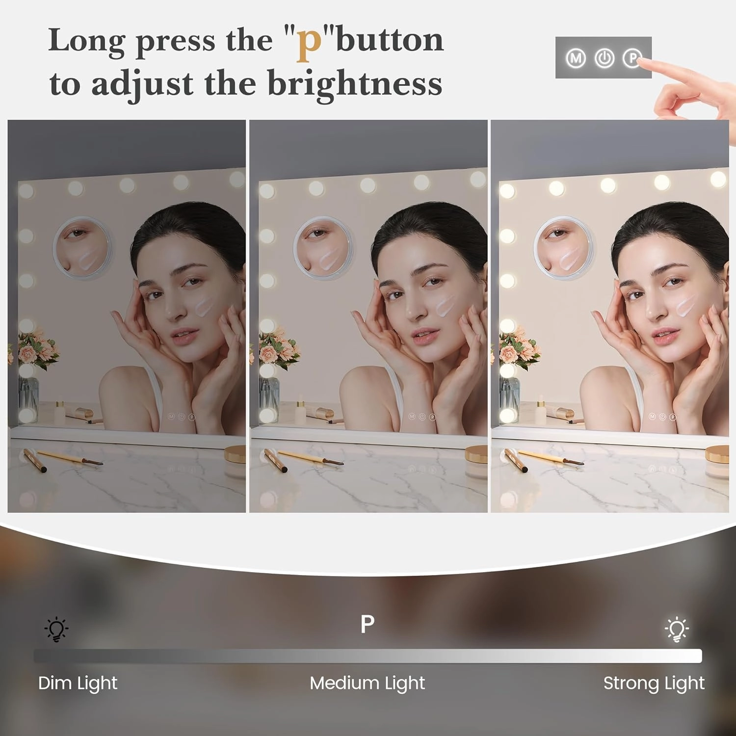 Professional Vanity Mirror with 15 Dimmable LED Bulbs, Tabletop Makeup Mirror with 3 Lighting Modes and 3x Magnification, Smart Touch Controls, Dressing Rooms&Bedrooms, Tabletop or Wall Mount, White