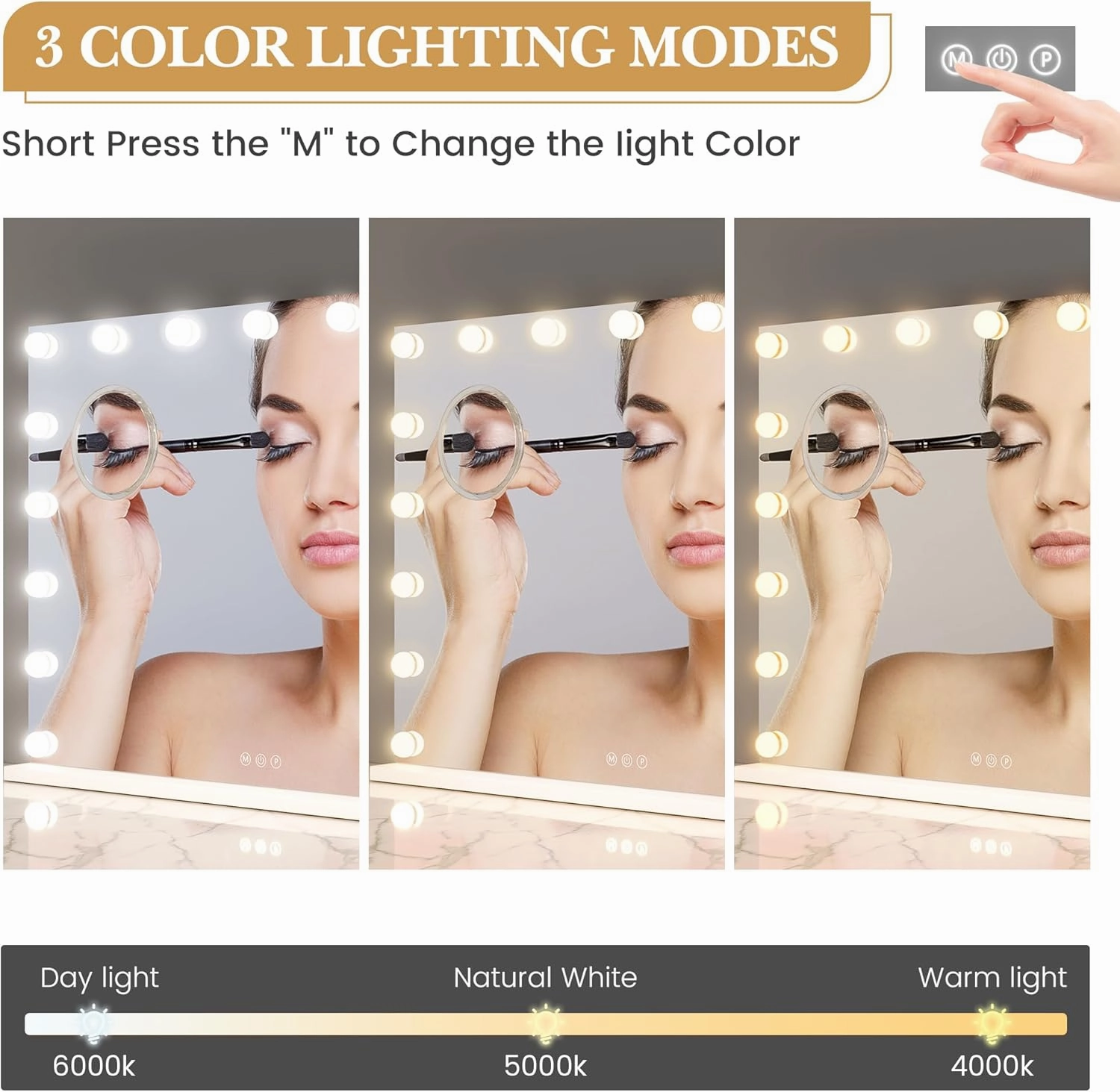 Professional Vanity Mirror with 15 Dimmable LED Bulbs, Tabletop Makeup Mirror with 3 Lighting Modes and 3x Magnification, Smart Touch Controls, Dressing Rooms&Bedrooms, Tabletop or Wall Mount, White