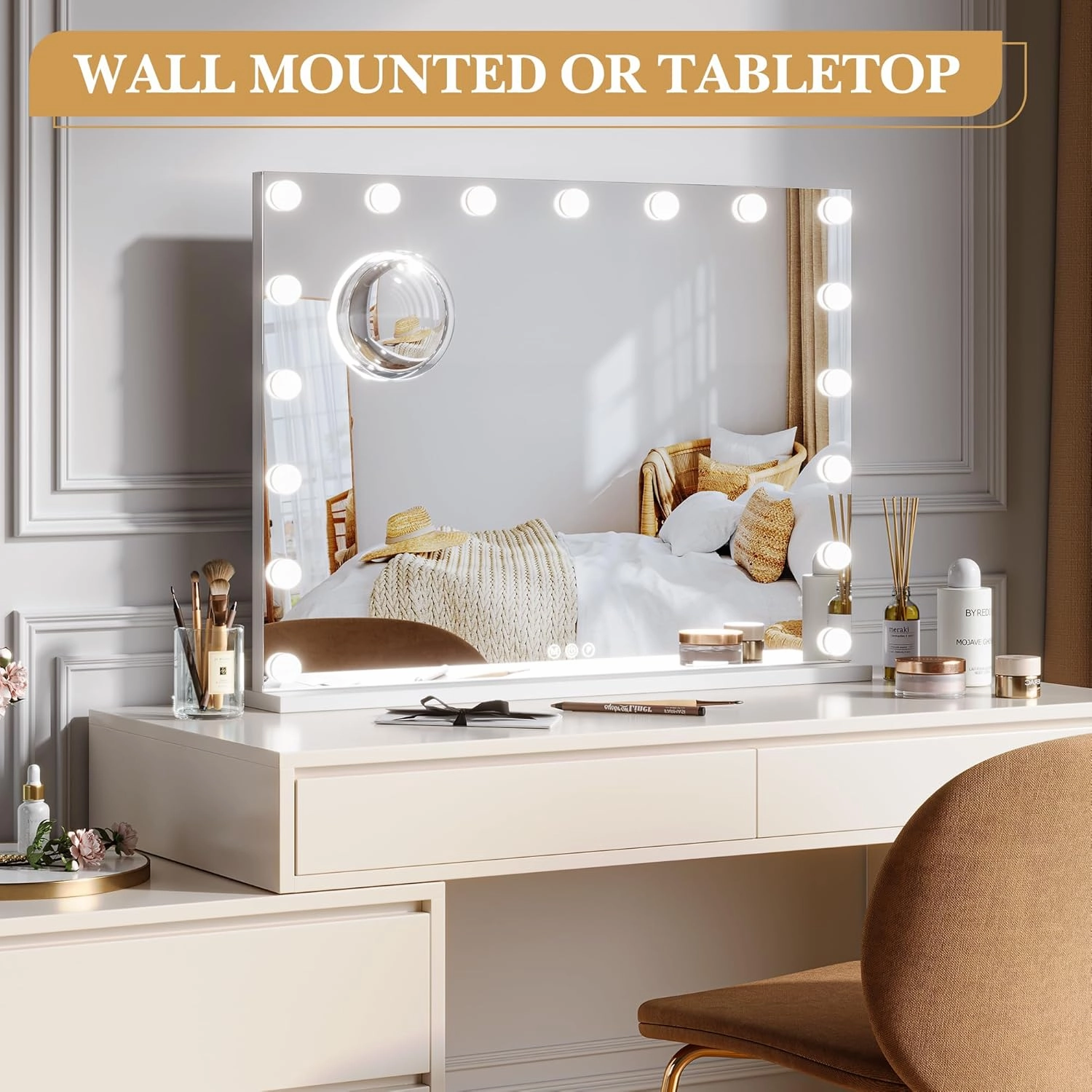 Professional Vanity Mirror with 15 Dimmable LED Bulbs, Tabletop Makeup Mirror with 3 Lighting Modes and 3x Magnification, Smart Touch Controls, Dressing Rooms&Bedrooms, Tabletop or Wall Mount, White