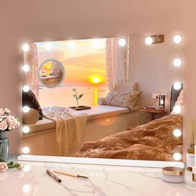 Professional Vanity Mirror with 15 Dimmable LED Bulbs, Tabletop Makeup Mirror with 3 Lighting Modes and 3x Magnification, Smart Touch Controls, Dressing Rooms&Bedrooms, Tabletop or Wall Mount, White