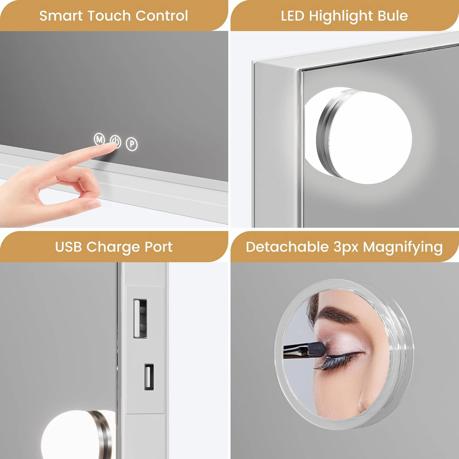 Professional Vanity Mirror with 15 Dimmable LED Bulbs, Tabletop Makeup Mirror with 3 Lighting Modes and 3x Magnification, Smart Touch Controls, Dressing Rooms&Bedrooms, Tabletop or Wall Mount, White