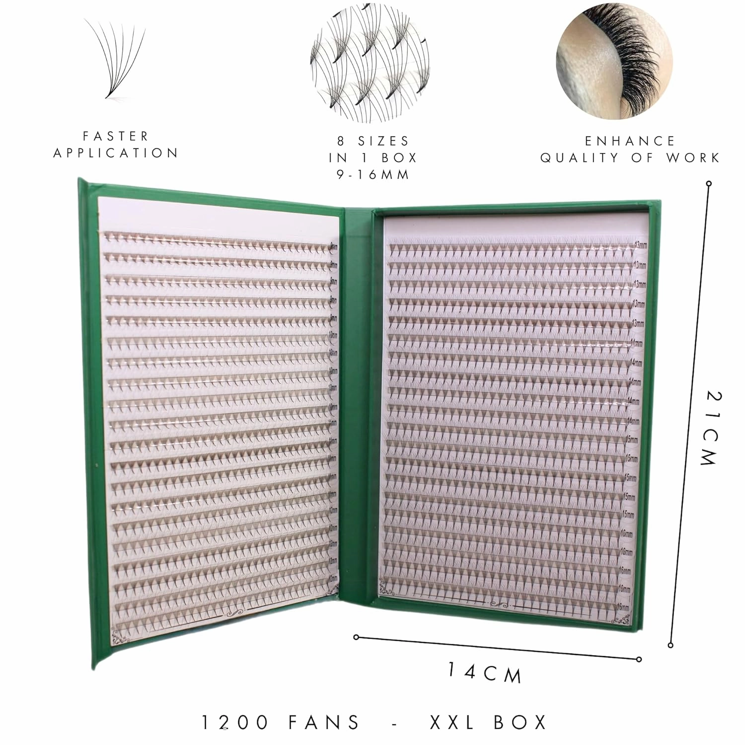 Promade XXL Box - 1200 FANS | Pinneacle Premade Volume Fans For Eyelash Extensions | 8 sizes-in-1 Box | 9mm-16mm | C, CC, D & L curl | 0.07 | 6D Volume (CC curl)