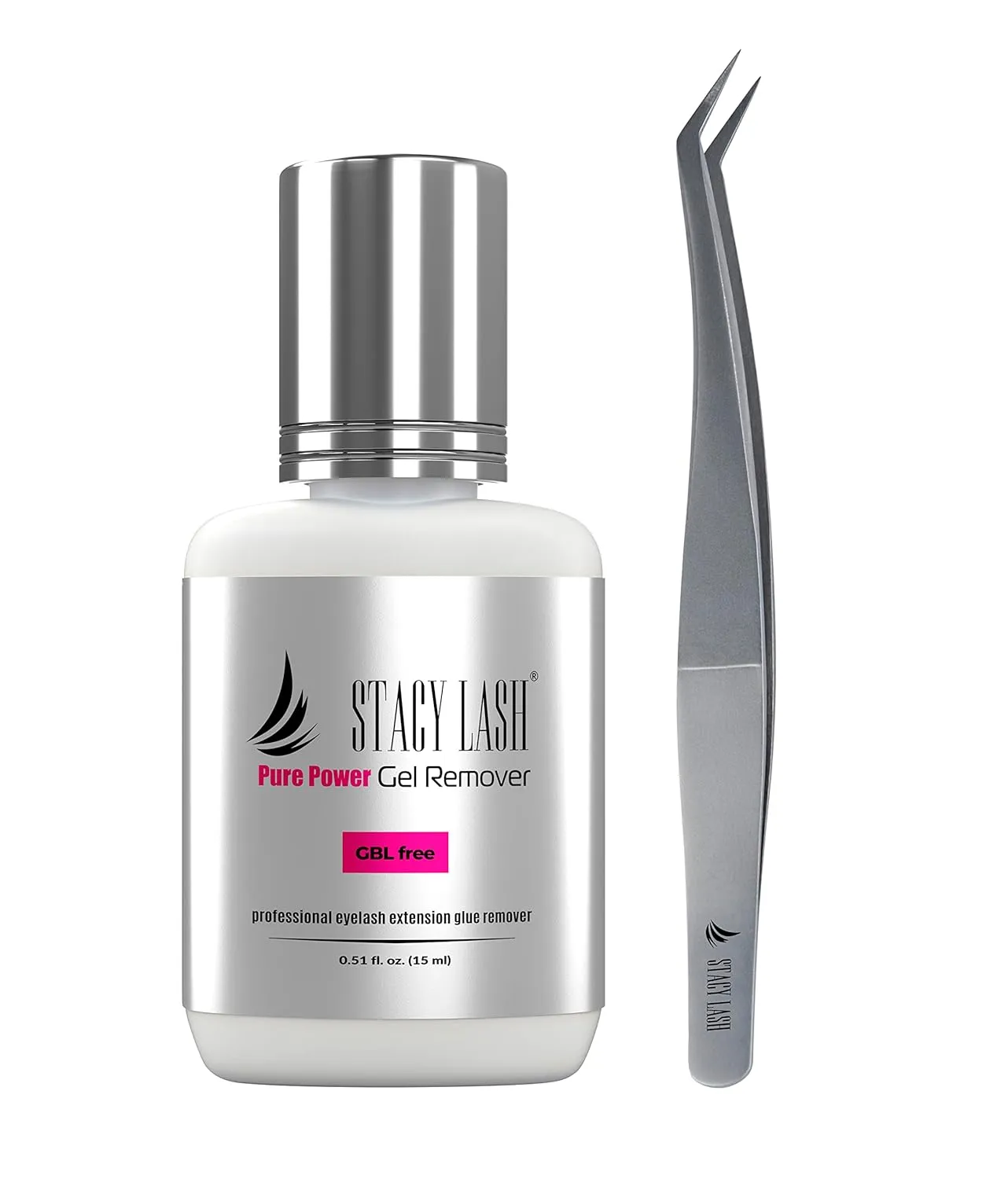 Pure Gel Remover 15ml & Stacy Lash STL-12 Curved L-Shaped Tweezers/GBL Free/Fast Lash Adhesive Dissolution time - 60 Sec/Precision Stainless Steel Tool/Angled Tips/Professional Supplies