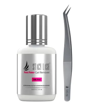 Pure Gel Remover 15ml & Stacy Lash STL-12 Curved L-Shaped Tweezers/GBL Free/Fast Lash Adhesive Dissolution time - 60 Sec/Precision Stainless Steel Tool/Angled Tips/Professional Supplies