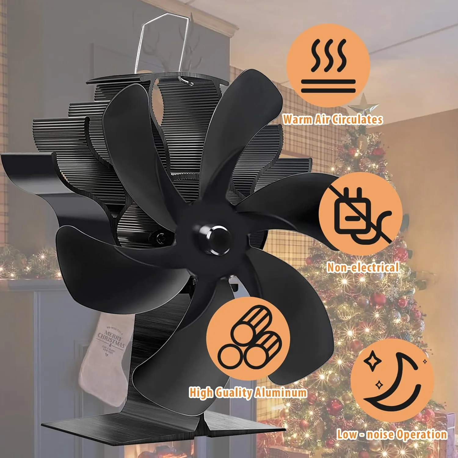 PYBBO 6 Blades Wood Burning Stove Fireplace Fan - Non Electric Silent Motors Heat Powered Fan Circulates Warm/Heated Air Fan for Pellet/Wood/Log Stoves, Winter Cocoon Fan with Magnetic Thermometer