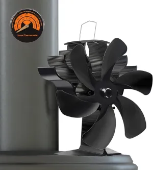PYBBO 6 Blades Wood Burning Stove Fireplace Fan - Non Electric Silent Motors Heat Powered Fan Circulates Warm/Heated Air Fan for Pellet/Wood/Log Stoves, Winter Cocoon Fan with Magnetic Thermometer