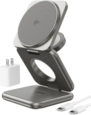 Qi2 Certified 15W Magnetic Foldable Charger, KU XIU X40Q 3 in 1 Wireless Charging Station for Apple, Aluminum Alloy Travel Charger Stand for iPhone 16/15, 5W for Apple Watch, AirPods, Natural Titanium