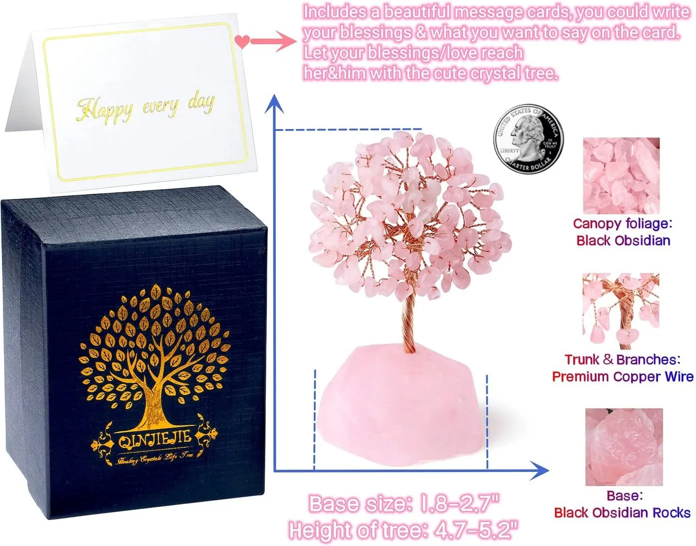 QINJIEJIE Rose Quartz Crystal Tree Healing Crystals Pink Desk Decor Gemstone Tree Natural Stones Base Copper Wire Attract Luck Money Trees Office Decor Energy Spiritual Meditation Gift