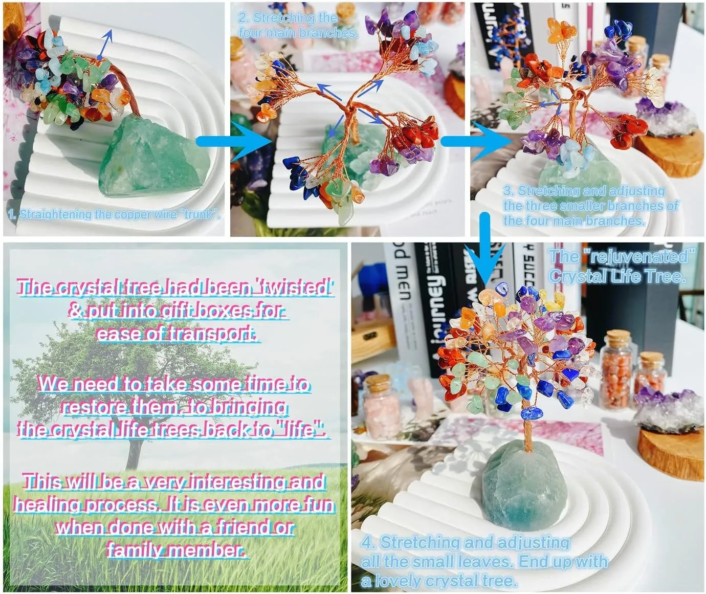 QINJIEJIE Rose Quartz Crystal Tree Healing Crystals Pink Desk Decor Gemstone Tree Natural Stones Base Copper Wire Attract Luck Money Trees Office Decor Energy Spiritual Meditation Gift