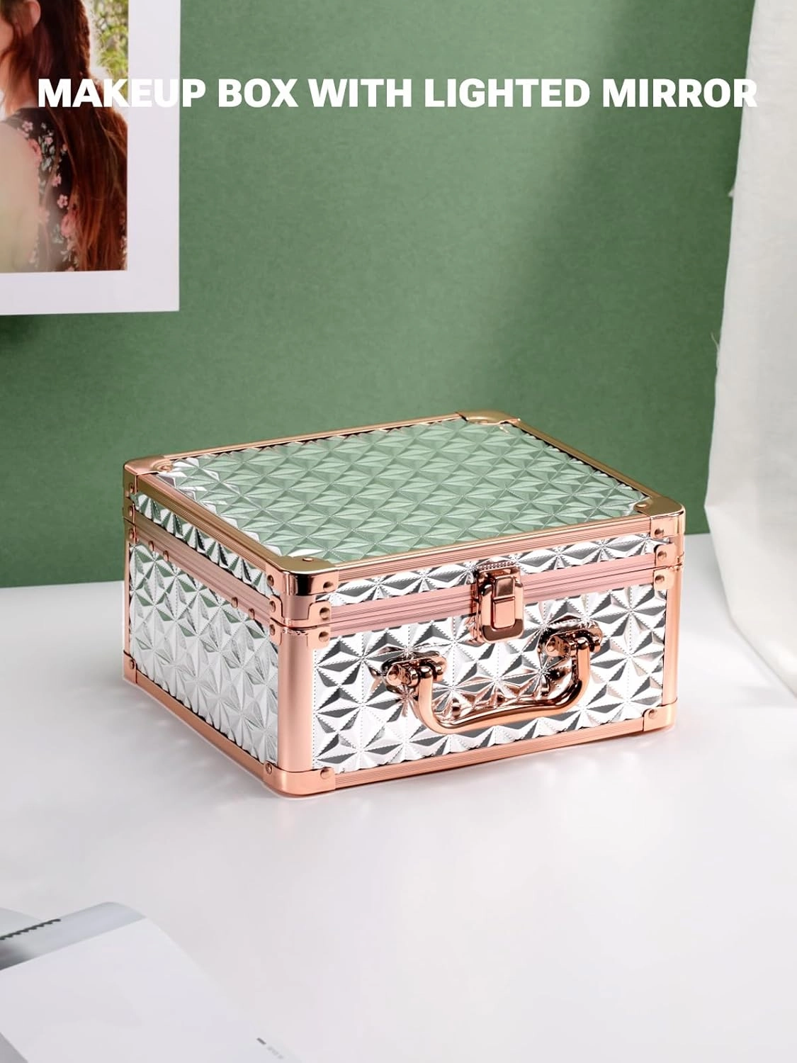Qislee Makeup Box with A Detachable Lighted Mirror, Waterproof Travel Train Case, Cosmetic Organizer and Makeup Suitcase with Adjustable Dividers, Magnetic LED Mirror(Sparkling Silver)