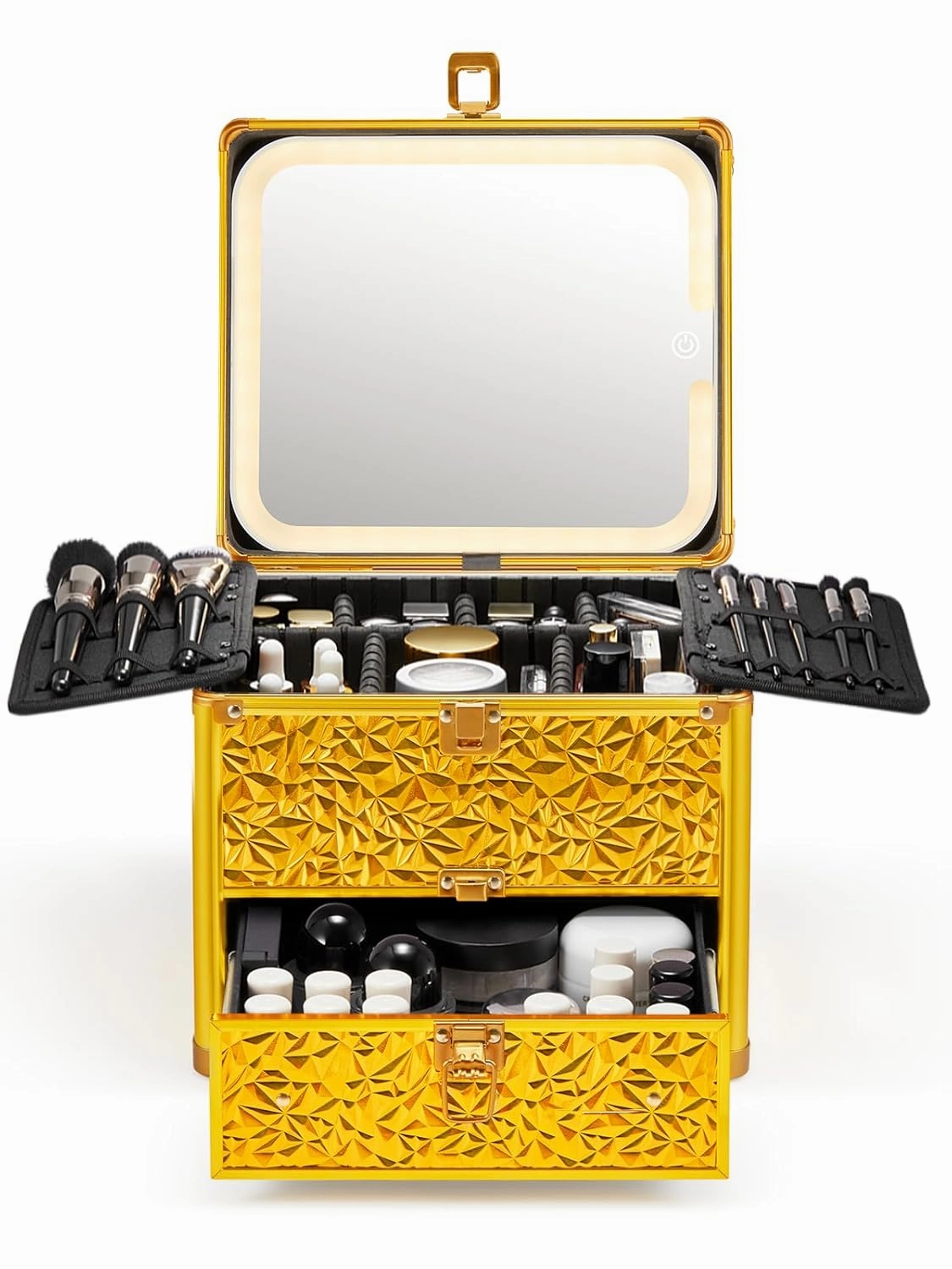 Qislee Makeup Box with Drawer and A Detachable Lighted Mirror, Waterproof Travel Train Case, Cosmetic Organizer and Makeup Suitcase with Adjustable Dividers, Magnetic LED Mirror (Luxury Gold)