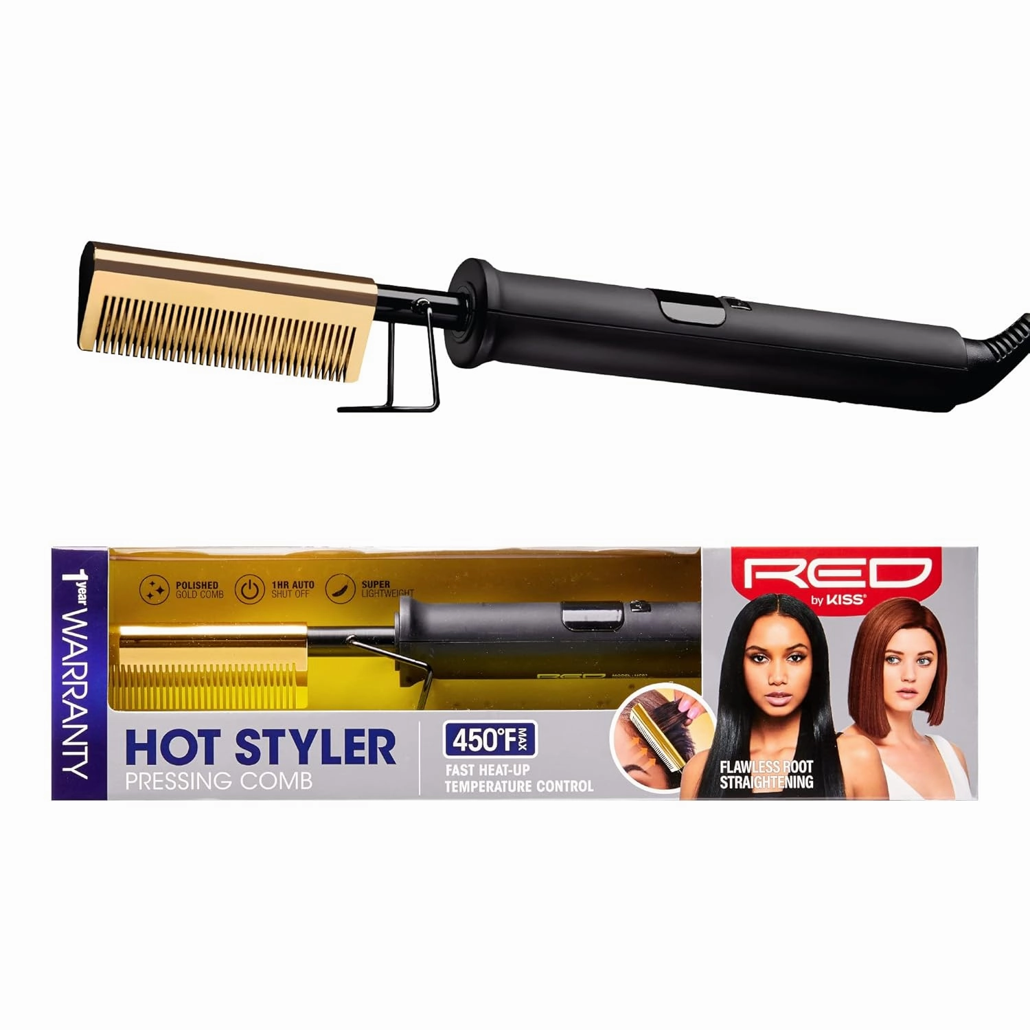 Red by Kiss Hot Comb Hair Straightener 450 Degrees, Straight Teeth Electric Heating Comb, Pressing Comb Brush for Straightening Hair and Beard, Curling Iron for Natural Black Hair