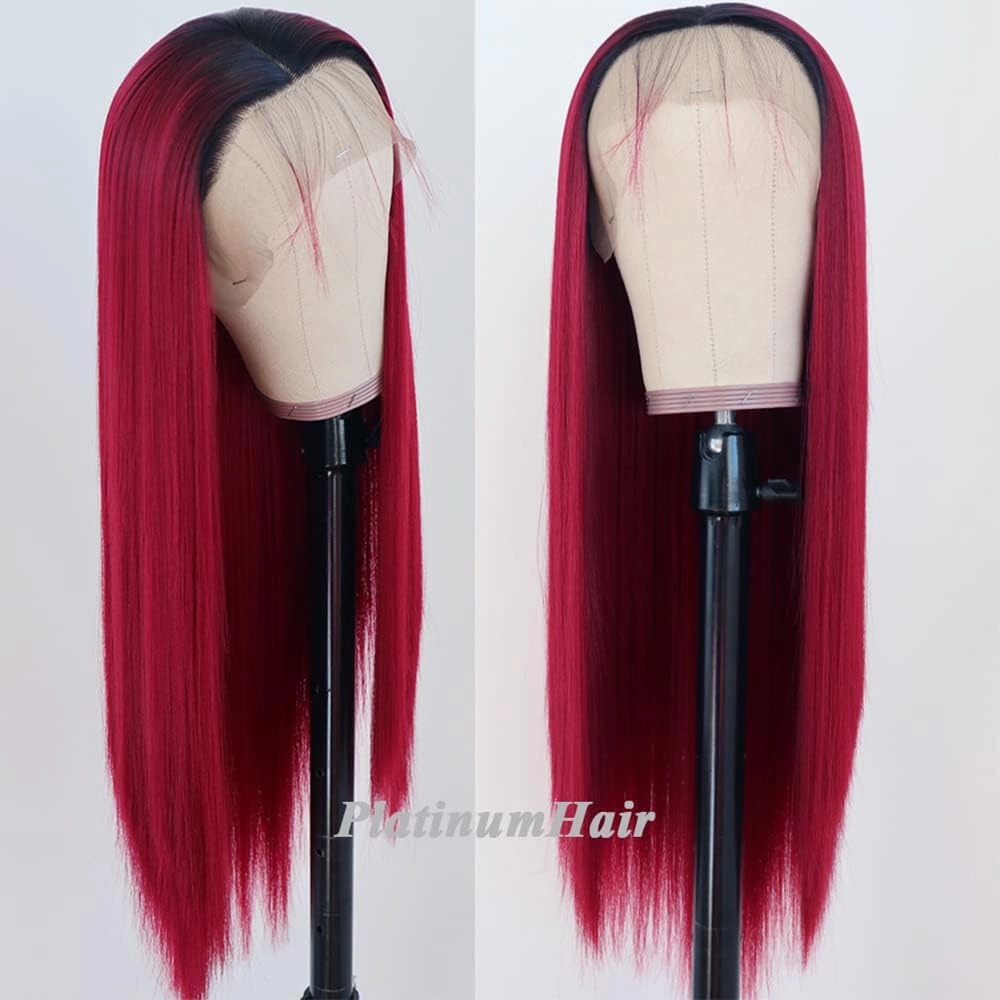 Red Wig for Women Long Straight Hair Wigs Ombre Red Straight Wig Heat Resistant Glueless Synthetic Lace Front Wigs 180 Density 24 Inch