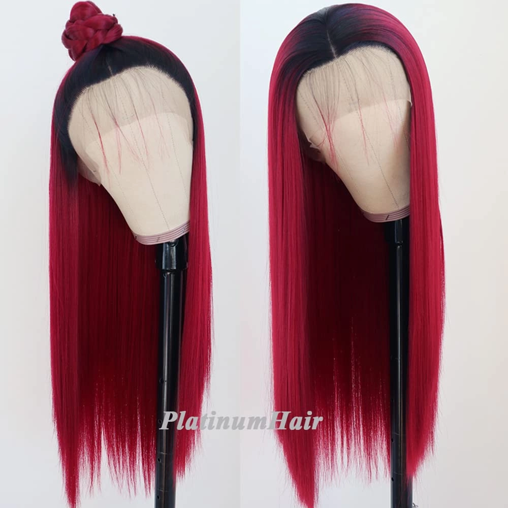 Red Wig for Women Long Straight Hair Wigs Ombre Red Straight Wig Heat Resistant Glueless Synthetic Lace Front Wigs 180 Density 24 Inch