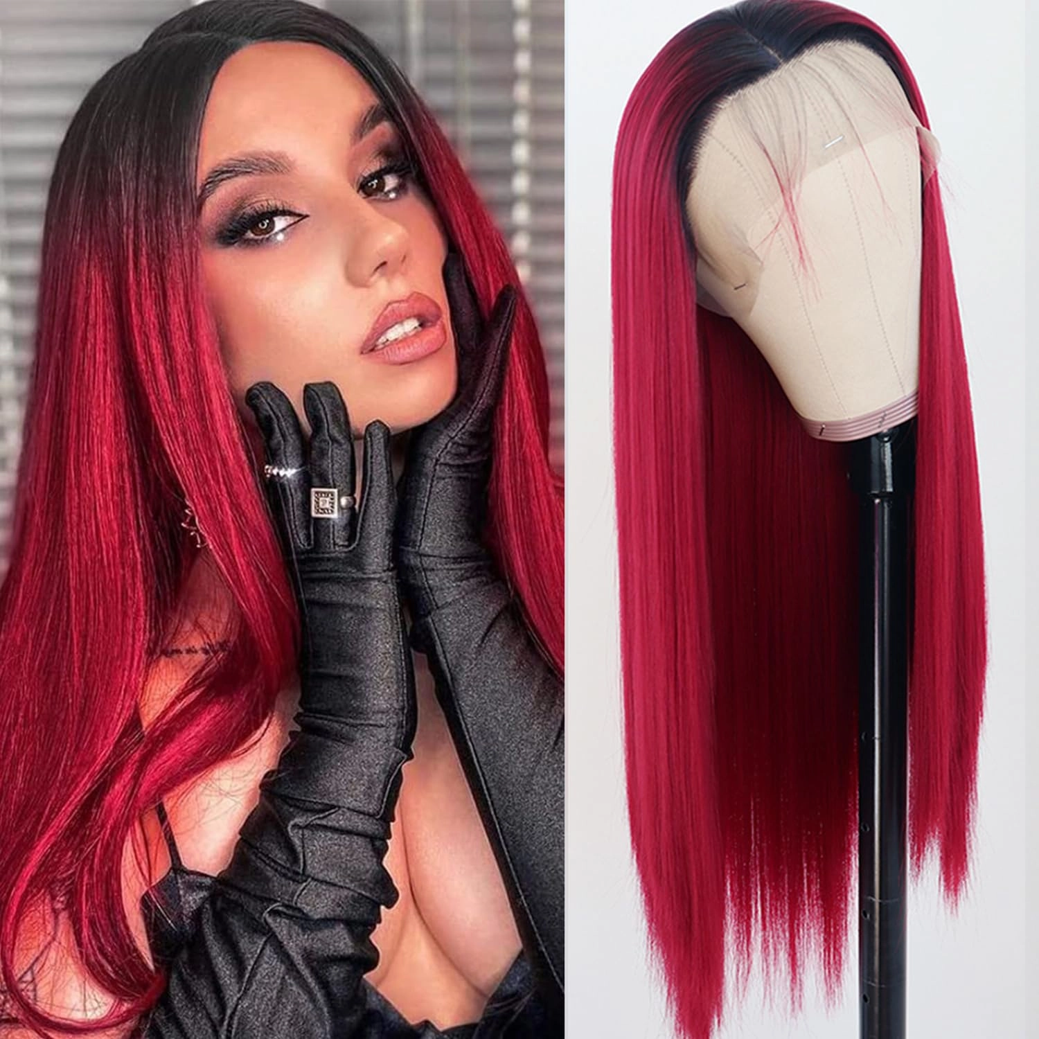 Red Wig for Women Long Straight Hair Wigs Ombre Red Straight Wig Heat Resistant Glueless Synthetic Lace Front Wigs 180 Density 24 Inch