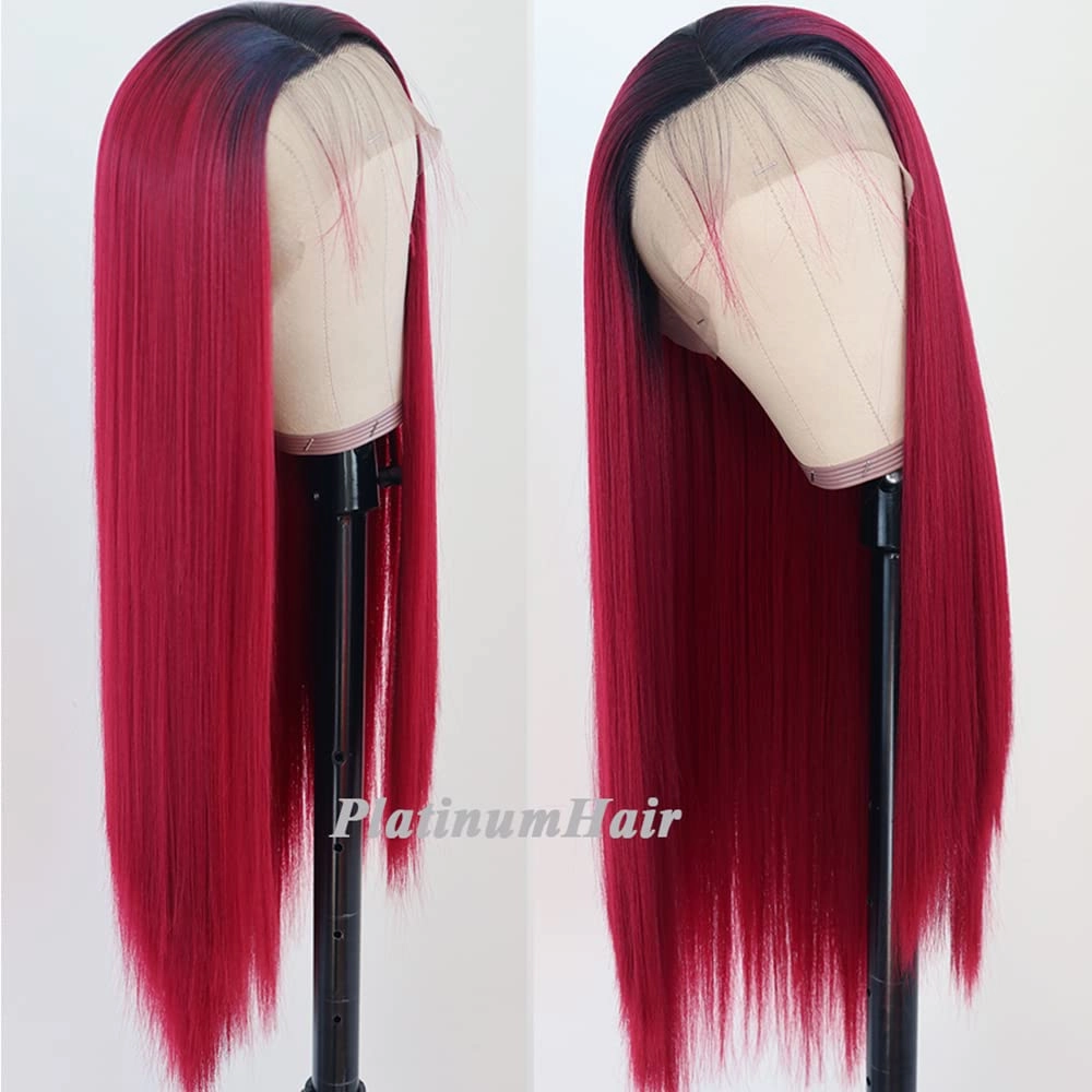 Red Wig for Women Long Straight Hair Wigs Ombre Red Straight Wig Heat Resistant Glueless Synthetic Lace Front Wigs 180 Density 24 Inch