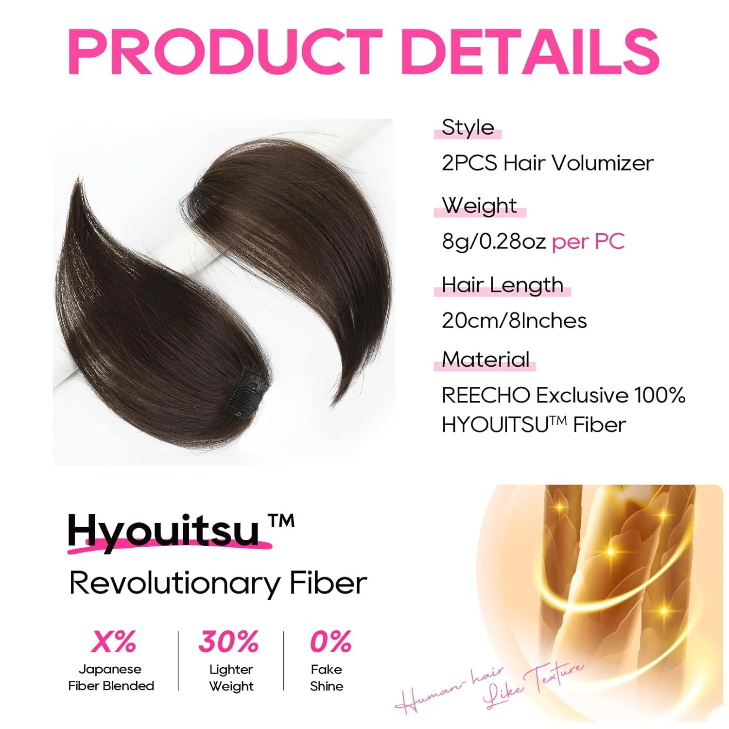 REECHO Clip in Hair Volumizer, 2PCS 8 Inch Short Thick Hairpieces Adding Extra Volume - Chocolate Brown Extensions for Women With Thin Fine Hair