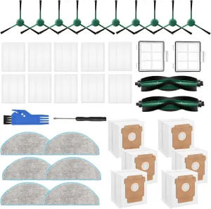 Replacement Parts Compatible with iRobot Roomba Vacuum Essential Vac Q0520, Q011, Q0120 Essential Combo Y0140, Essential Combo Y0110, 10 x Filters, 10 x Brushes, 6 x Dust Bags & 6 x Mops