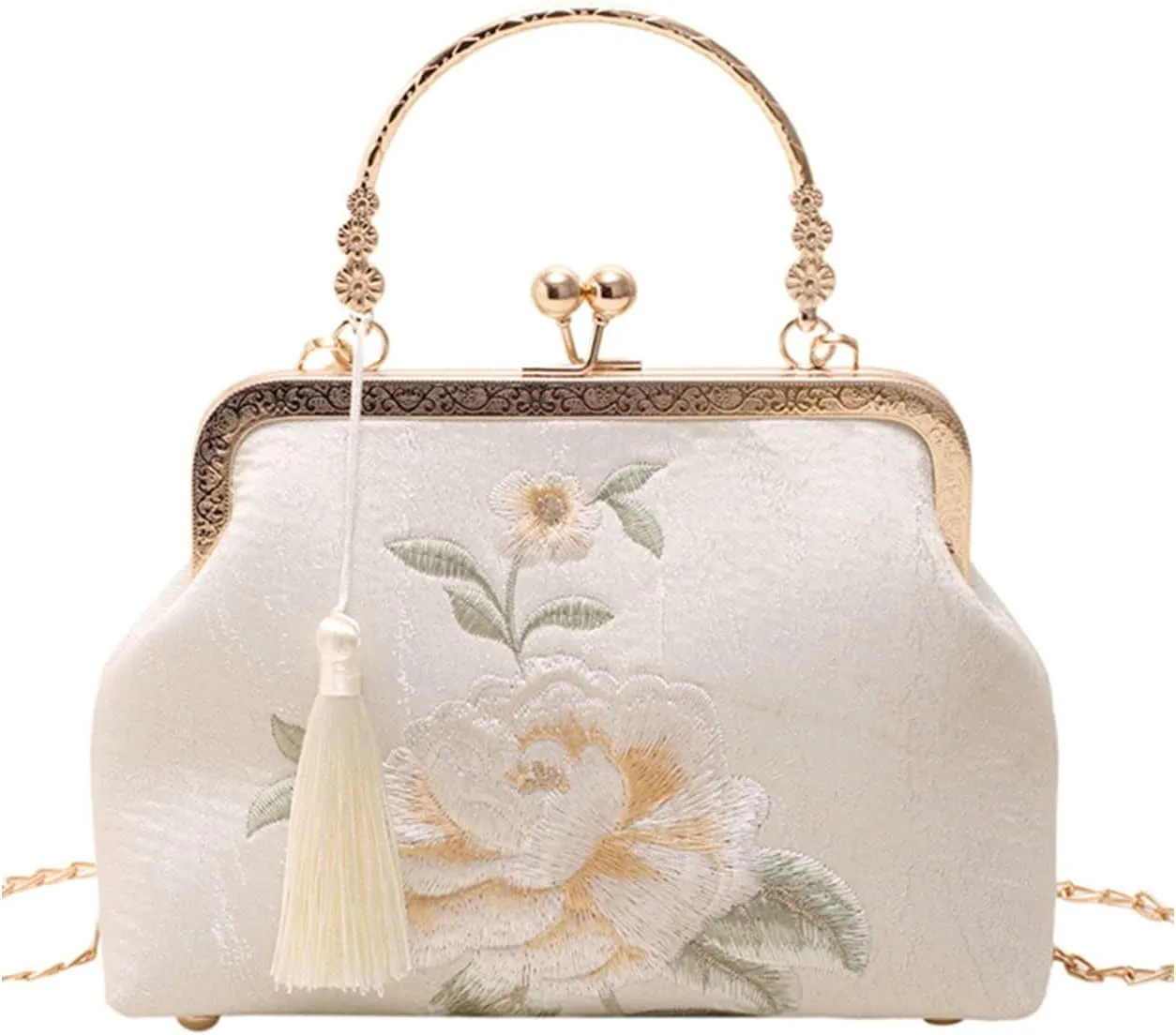 Retro Shoulder Chain Messenger Clutch Chinese Style Embroidered Elegant White Peony Flower Women's Evening Bags
