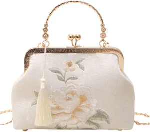 Retro Shoulder Chain Messenger Clutch Chinese Style Embroidered Elegant White Peony Flower Women's Evening Bags