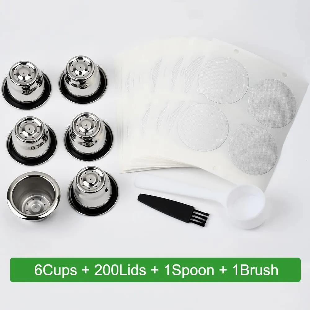 Reusable Capsules for Nespresso OriginalLine, 6pcs Refillable Espresso Pods Stainless Steel Coffee Pods Compatible for Nespresso Original Line Machines (6 Cups   200 Lids)
