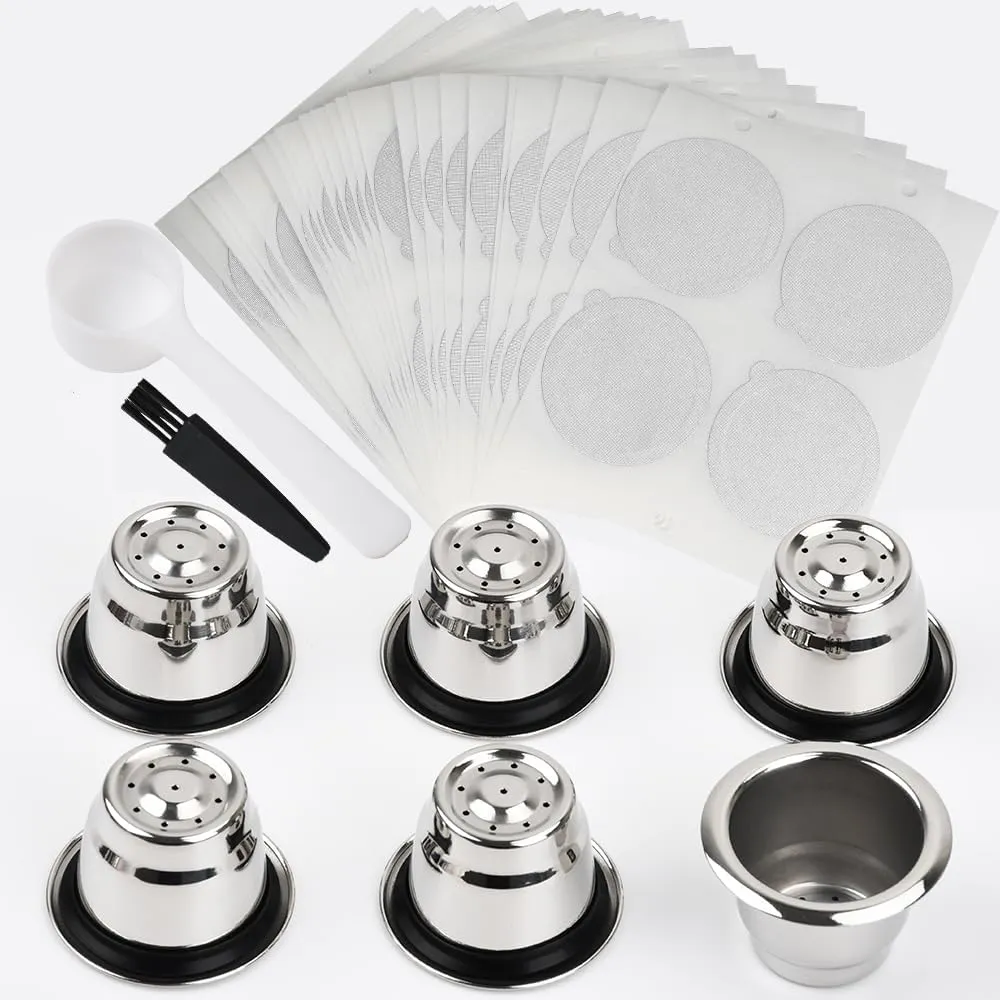 Reusable Capsules for Nespresso OriginalLine, 6pcs Refillable Espresso Pods Stainless Steel Coffee Pods Compatible for Nespresso Original Line Machines (6 Cups   200 Lids)
