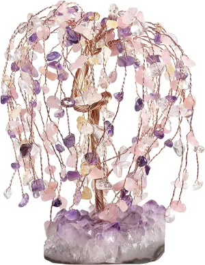rockcloud Hand-Made Healing Crystal Money Tree on Natural Amethyst Cluster Base Chip Stone Tree of Life for Luck and Wealth, Amethyst & Citrine Crystal & Rose Quartz & Rock Crystal