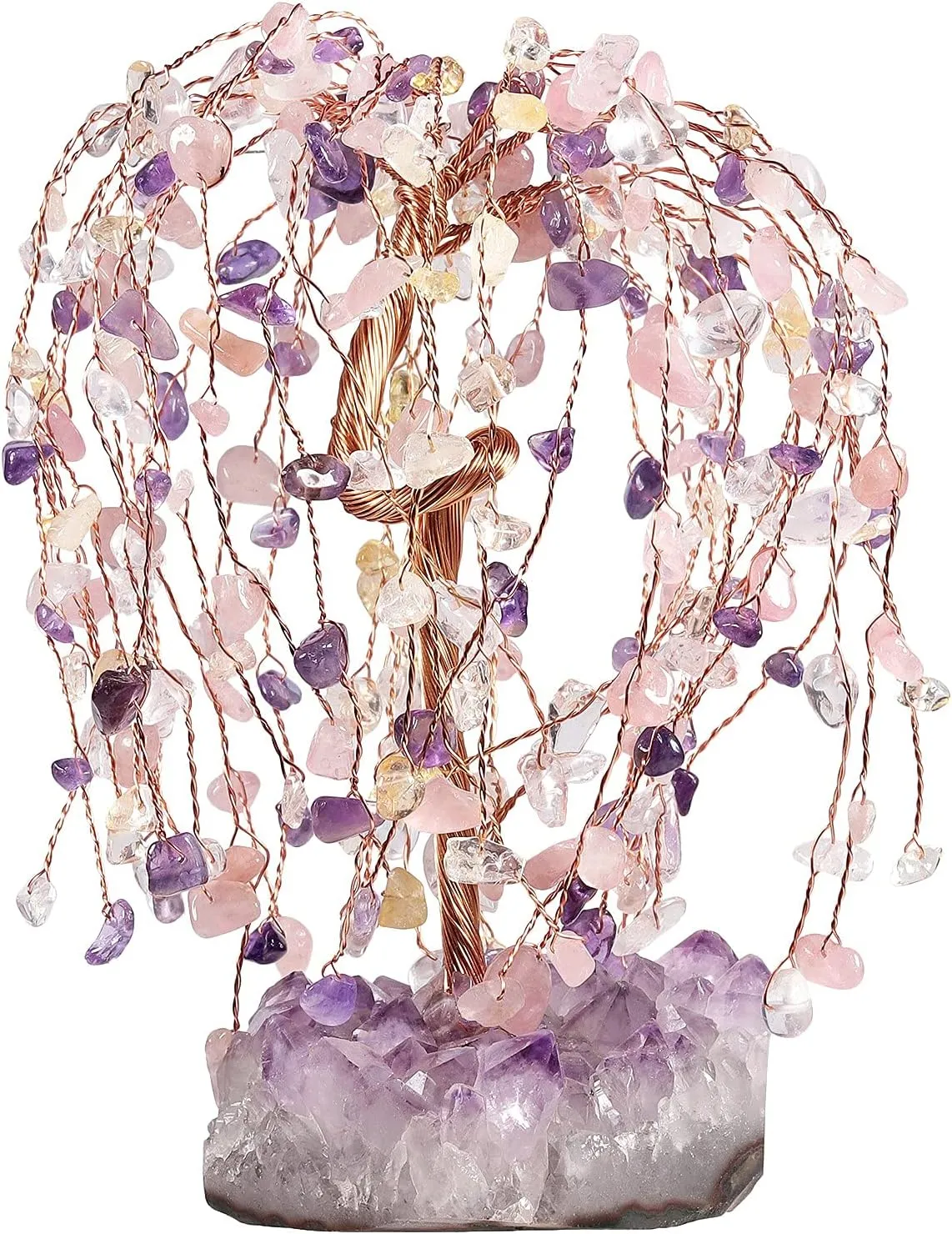 rockcloud Hand-Made Healing Crystal Money Tree on Natural Amethyst Cluster Base Chip Stone Tree of Life for Luck and Wealth, Amethyst & Citrine Crystal & Rose Quartz & Rock Crystal