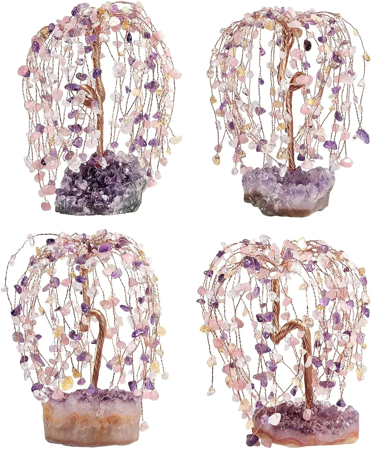 rockcloud Hand-Made Healing Crystal Money Tree on Natural Amethyst Cluster Base Chip Stone Tree of Life for Luck and Wealth, Amethyst & Citrine Crystal & Rose Quartz & Rock Crystal