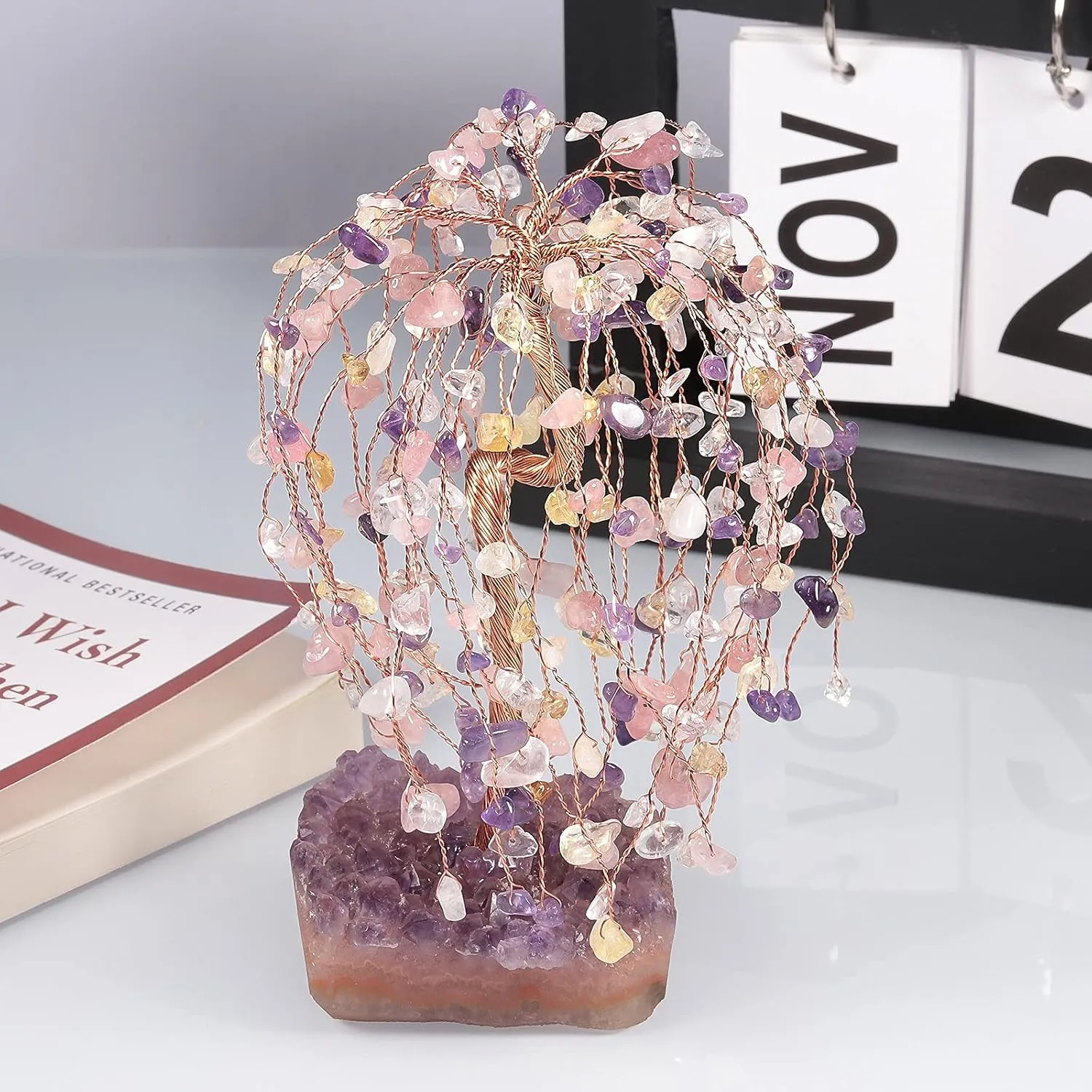 rockcloud Hand-Made Healing Crystal Money Tree on Natural Amethyst Cluster Base Chip Stone Tree of Life for Luck and Wealth, Amethyst & Citrine Crystal & Rose Quartz & Rock Crystal
