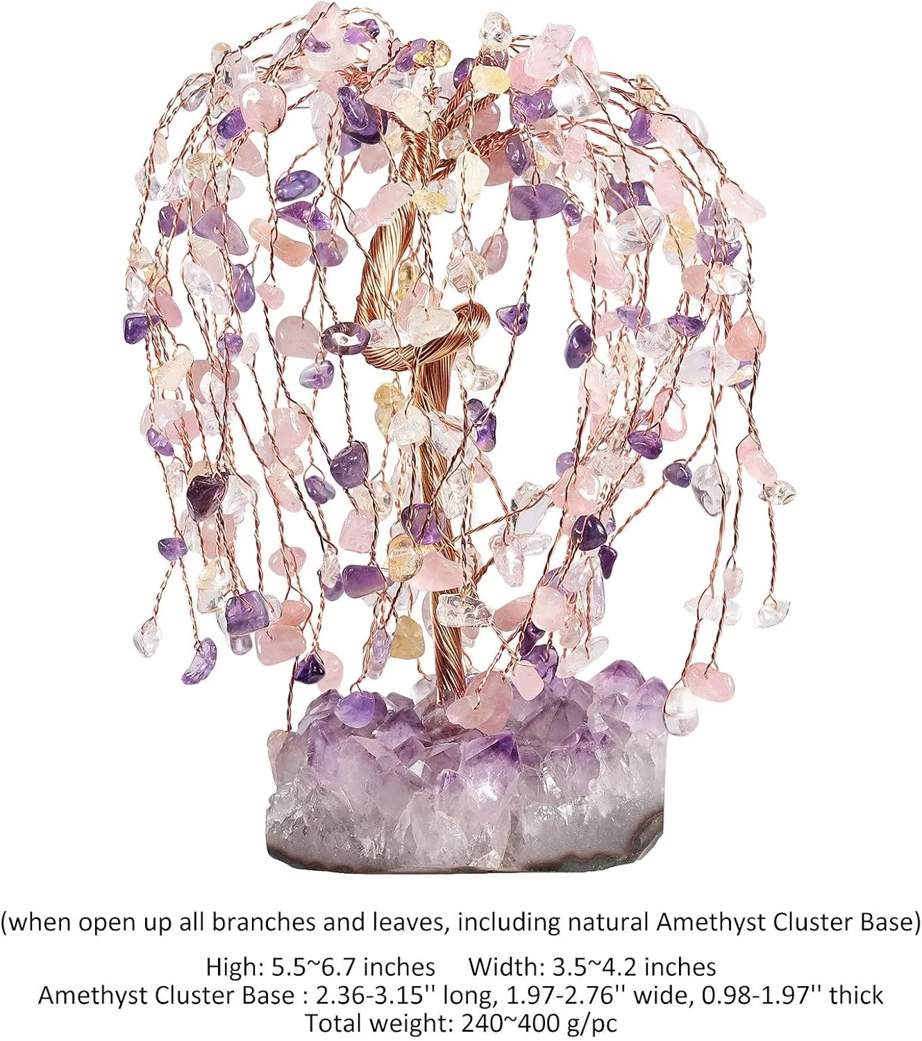 rockcloud Hand-Made Healing Crystal Money Tree on Natural Amethyst Cluster Base Chip Stone Tree of Life for Luck and Wealth, Amethyst & Citrine Crystal & Rose Quartz & Rock Crystal