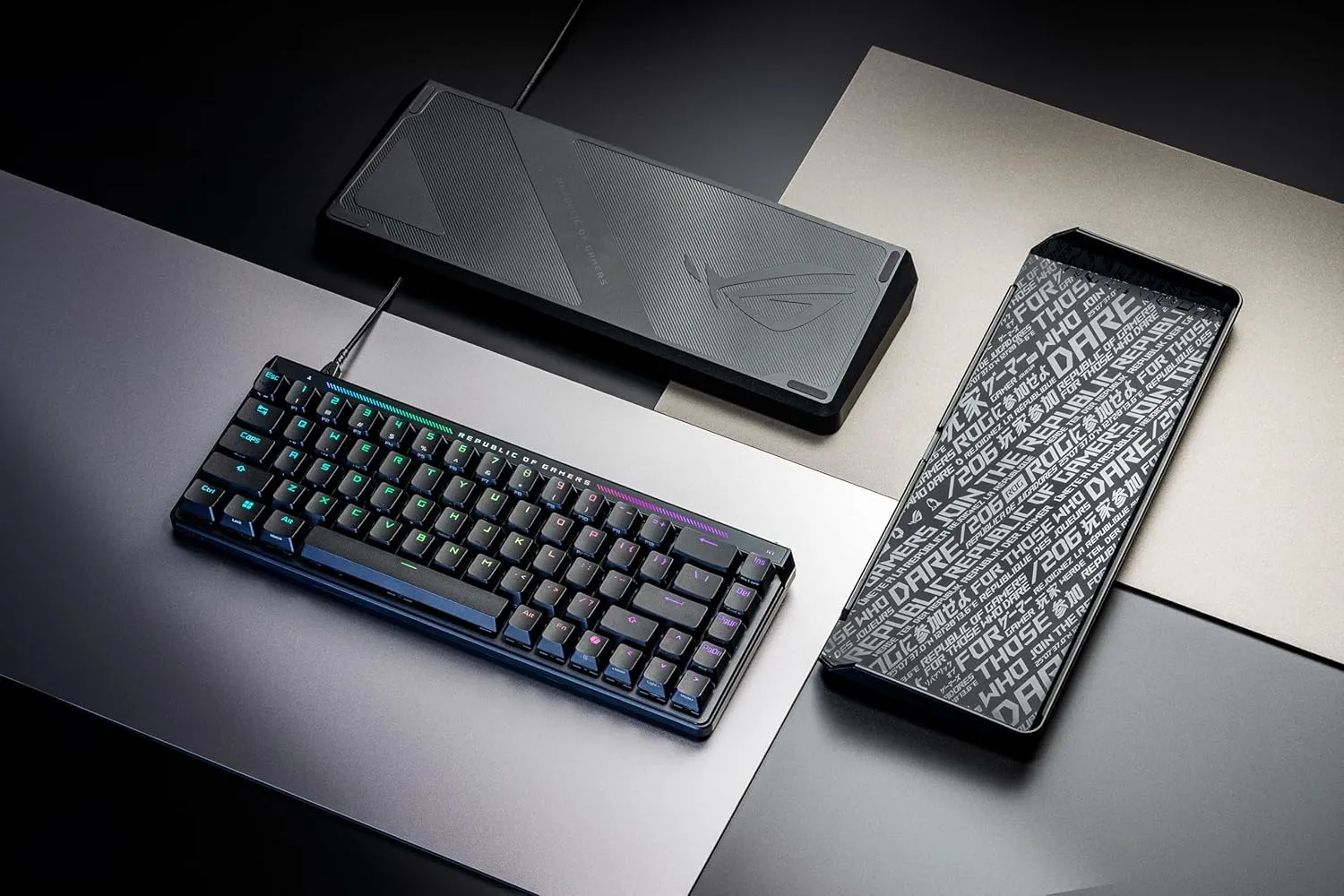 ROG Falchion Ace HFX 65% gaming keyboard with ROG HFX magnetic switches, rapid trigger toggle, 8000 Hz polling rate, three-layer dampening foam, silicone gasket mount, touch panel and protective cover