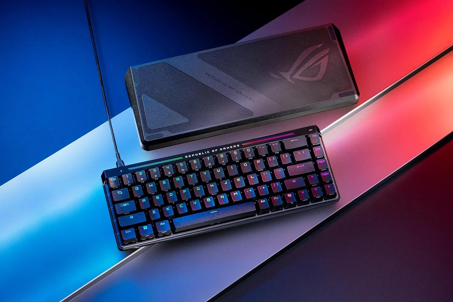 ROG Falchion Ace HFX 65% gaming keyboard with ROG HFX magnetic switches, rapid trigger toggle, 8000 Hz polling rate, three-layer dampening foam, silicone gasket mount, touch panel and protective cover