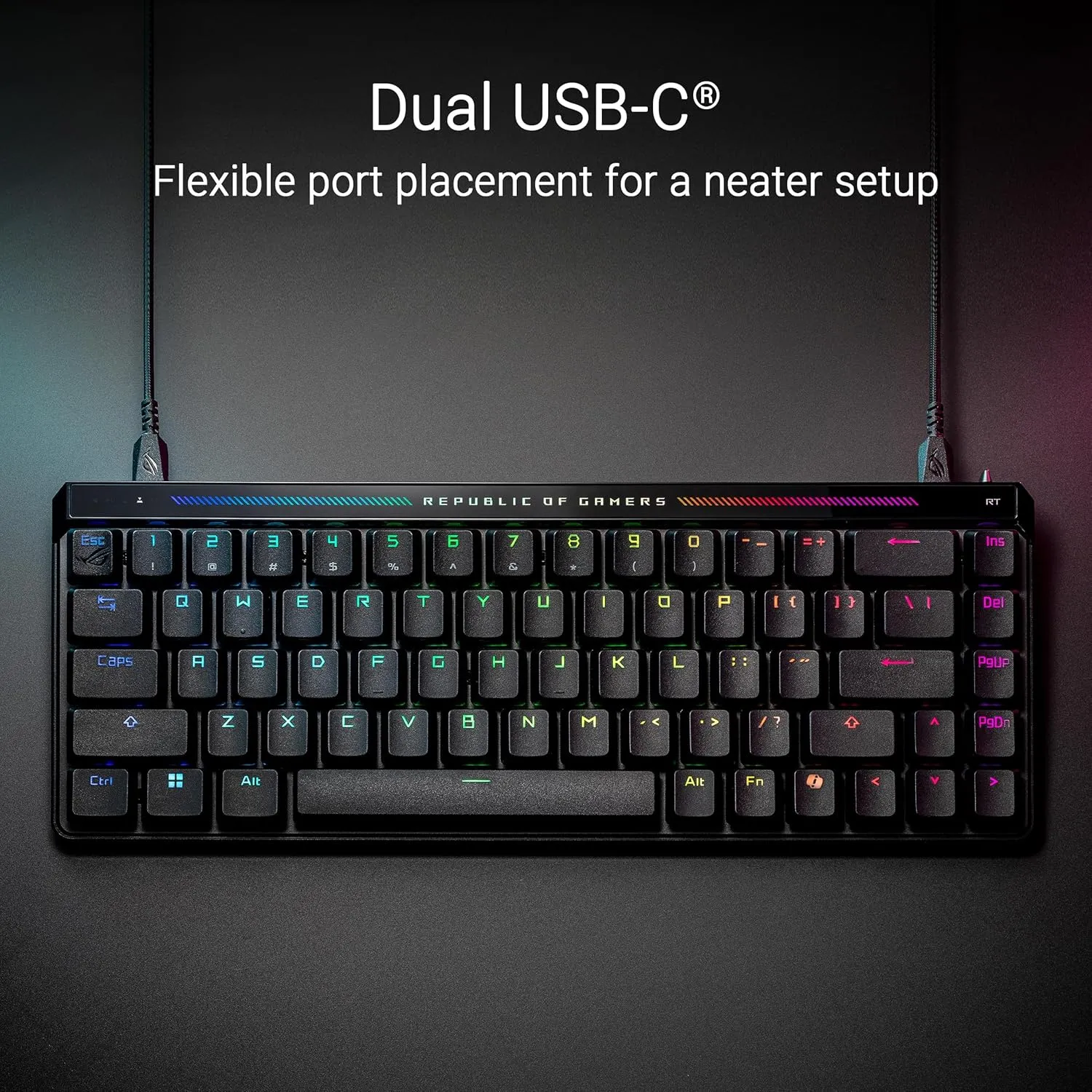 ROG Falchion Ace HFX 65% gaming keyboard with ROG HFX magnetic switches, rapid trigger toggle, 8000 Hz polling rate, three-layer dampening foam, silicone gasket mount, touch panel and protective cover