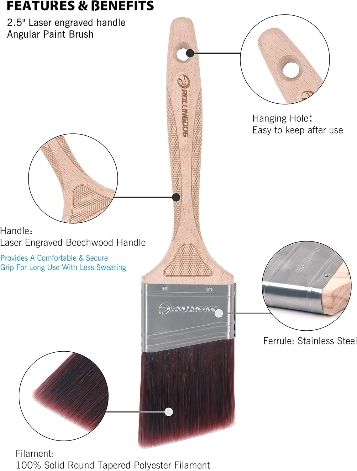 ROLLINGDOG Angled Paint Brushes for Wall - 2.5 Inch Trim Cutting in Paint Brush for Precise Detail Trimming and Touch Ups (Pack of 2)