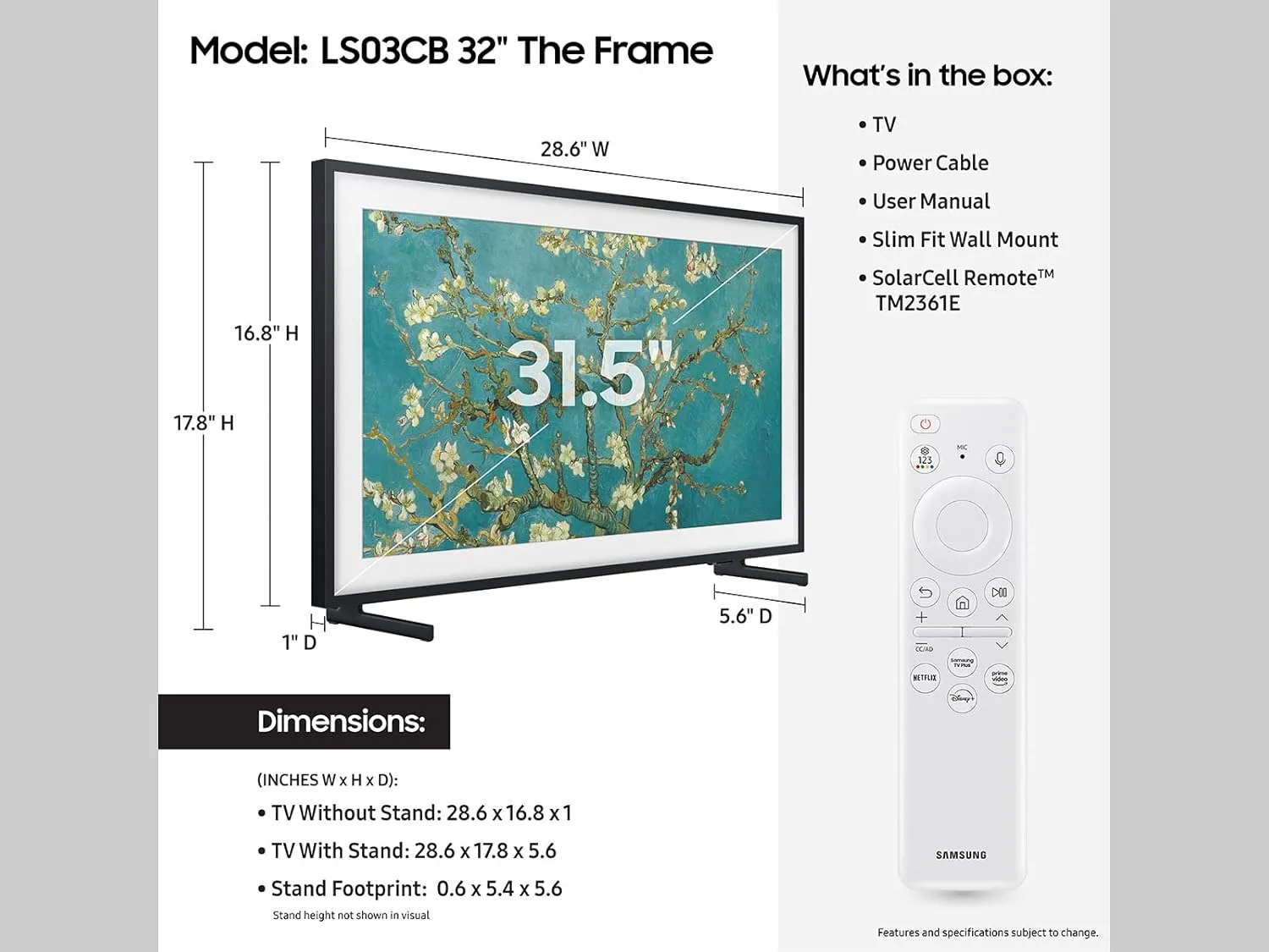 SAMSUNG 32-Inch Class QLED The Frame LS03C Series, Quantum HDR, Art Mode, Anti-Reflection Matte Display, Slim Fit Wall Mount Included, Smart TV w/Alexa Built-in (QN32LS03CB)