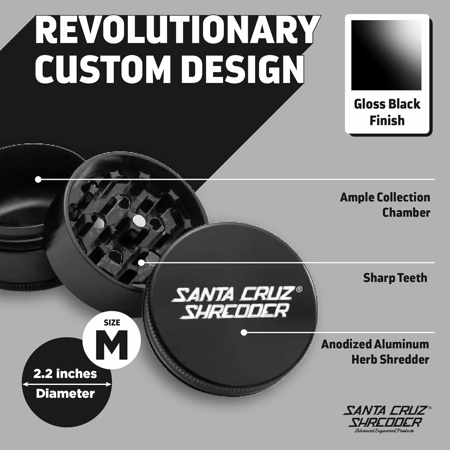Santa Cruz Shredder Herb Grinder 3 Piece Medium 2 1/8" Superior Grip and Aluminium (Black)