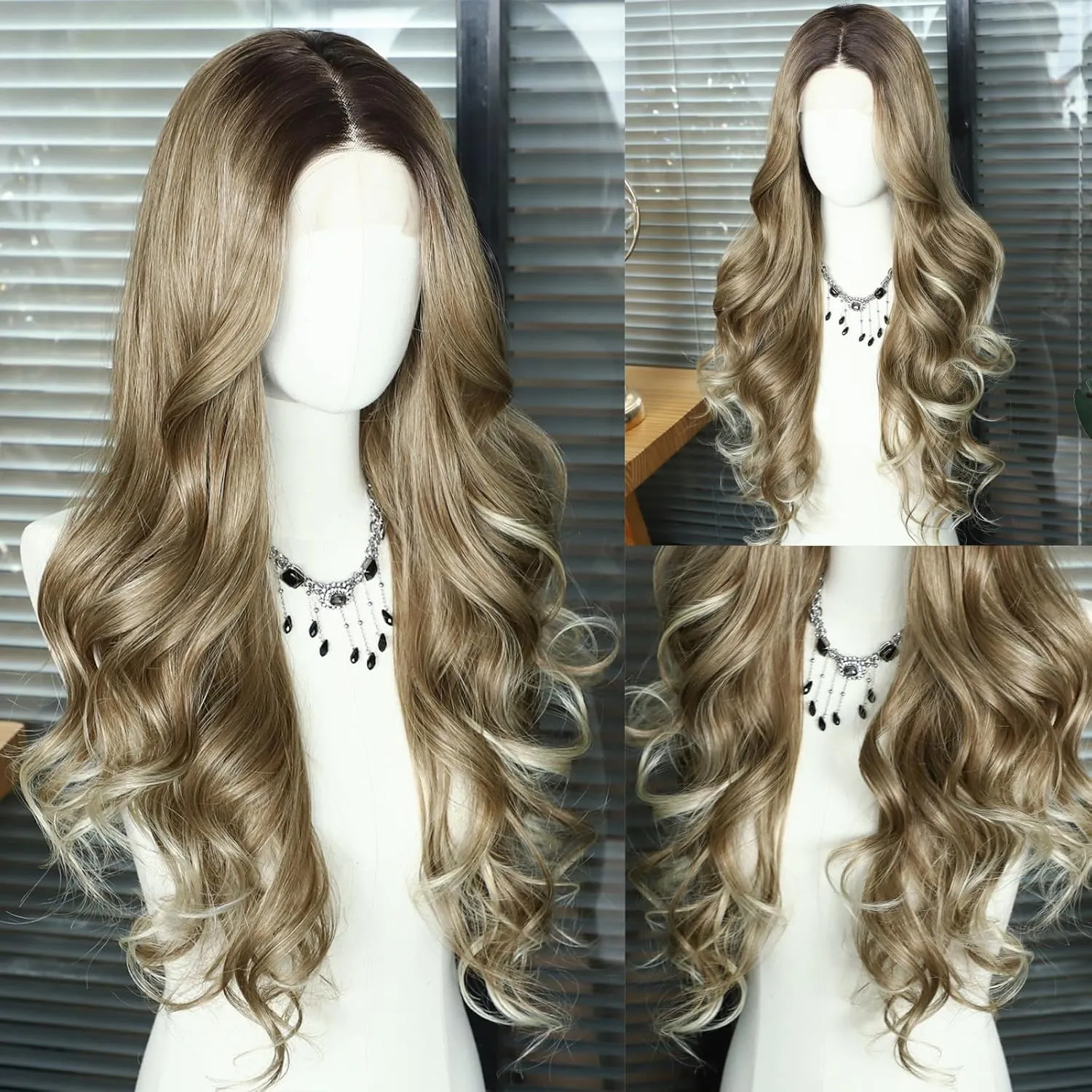 SAPPHIREWIGS Long Brown Body Wavy Wigs for Women 13×4 Synthetic Lace Front Wig Brown with Blonde Tips Natural Wave Hair for Daily Cosplay Party Halloween Use 26inch