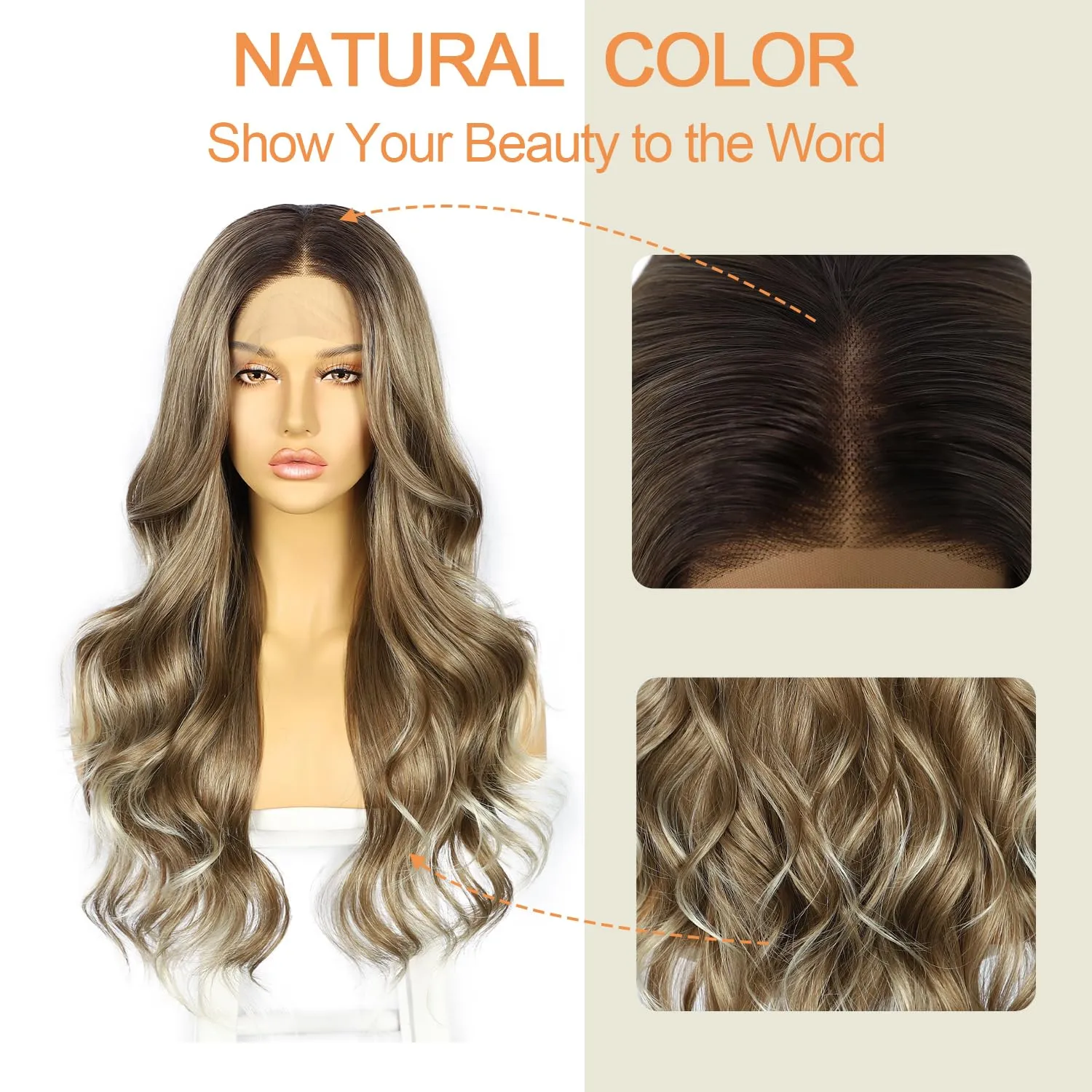 SAPPHIREWIGS Long Brown Body Wavy Wigs for Women 13×4 Synthetic Lace Front Wig Brown with Blonde Tips Natural Wave Hair for Daily Cosplay Party Halloween Use 26inch