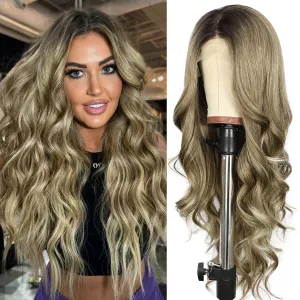 SAPPHIREWIGS Long Brown Body Wavy Wigs for Women 13×4 Synthetic Lace Front Wig Brown with Blonde Tips Natural Wave Hair for Daily Cosplay Party Halloween Use 26inch