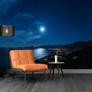 Seaside City Wall Mural, 3D Beach Night View Photo Wallpaper, Home Decor TV Background Large Art Wall Painting for Living Room Bedroom 157"x 110"(W x H)(It's not Peel and Stick)