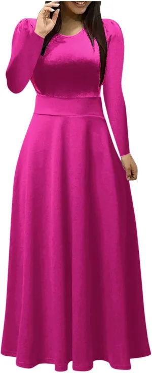 Semi Formal Dresses for Women Knee Length Long Sleeve Causal Empire Waist Maxi Dress Plus Size Crewneck Ruffle Dress
