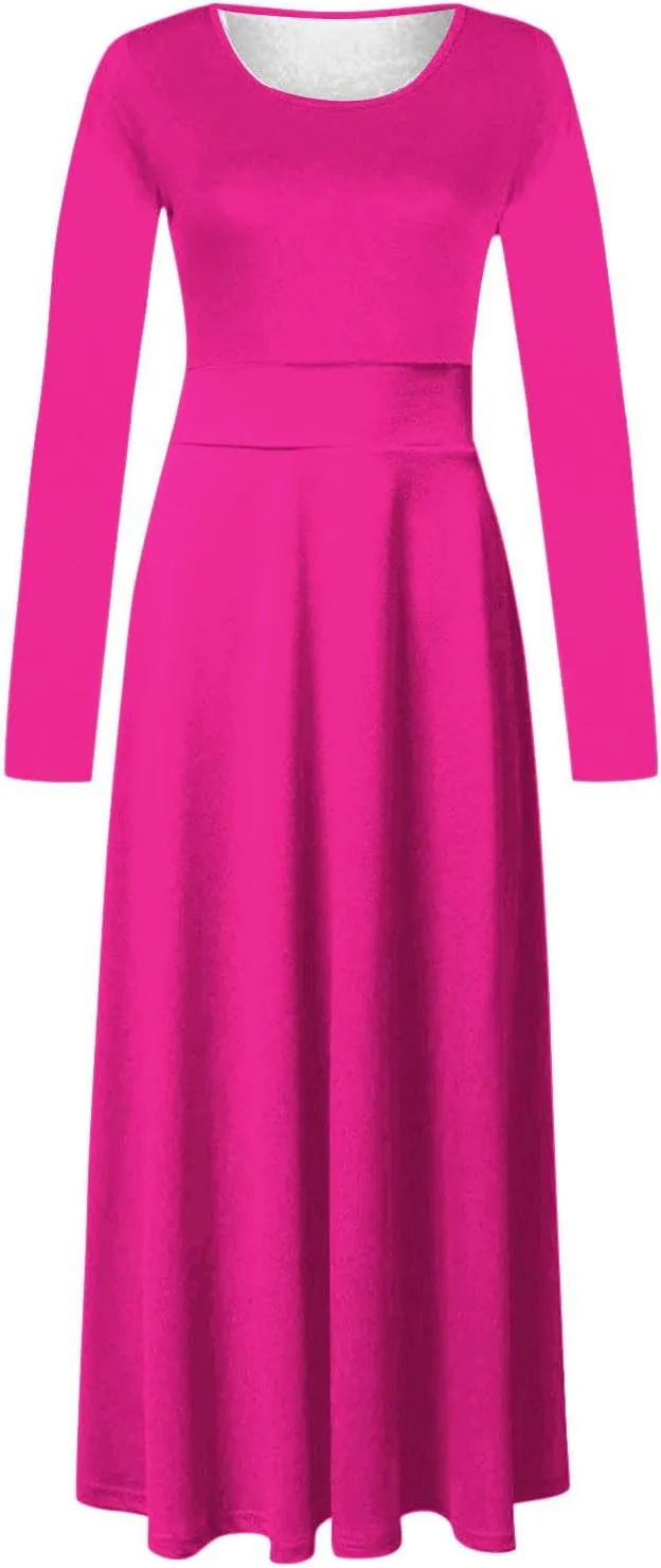 Semi Formal Dresses for Women Knee Length Long Sleeve Causal Empire Waist Maxi Dress Plus Size Crewneck Ruffle Dress