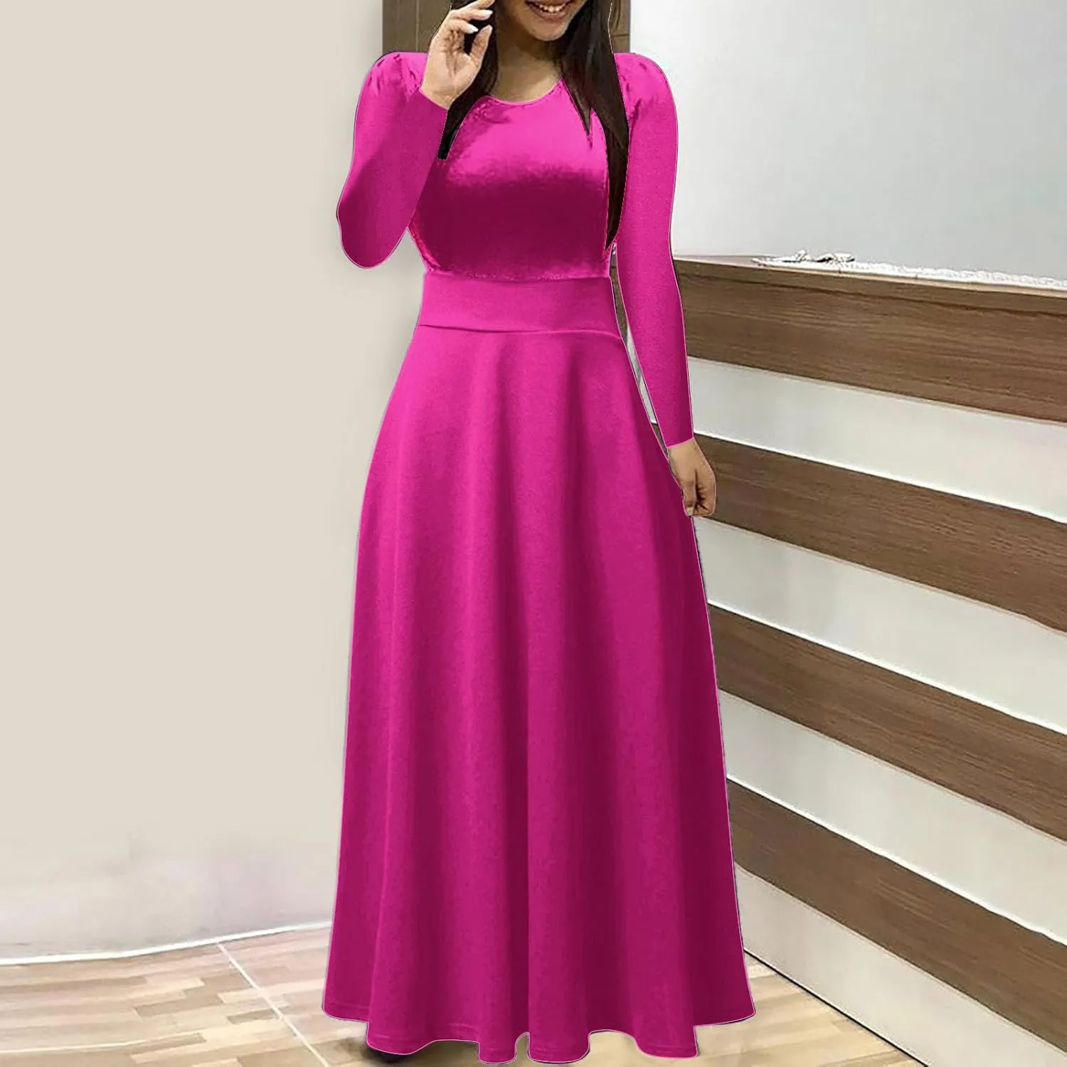 Semi Formal Dresses for Women Knee Length Long Sleeve Causal Empire Waist Maxi Dress Plus Size Crewneck Ruffle Dress