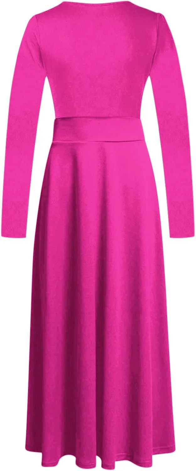 Semi Formal Dresses for Women Knee Length Long Sleeve Causal Empire Waist Maxi Dress Plus Size Crewneck Ruffle Dress