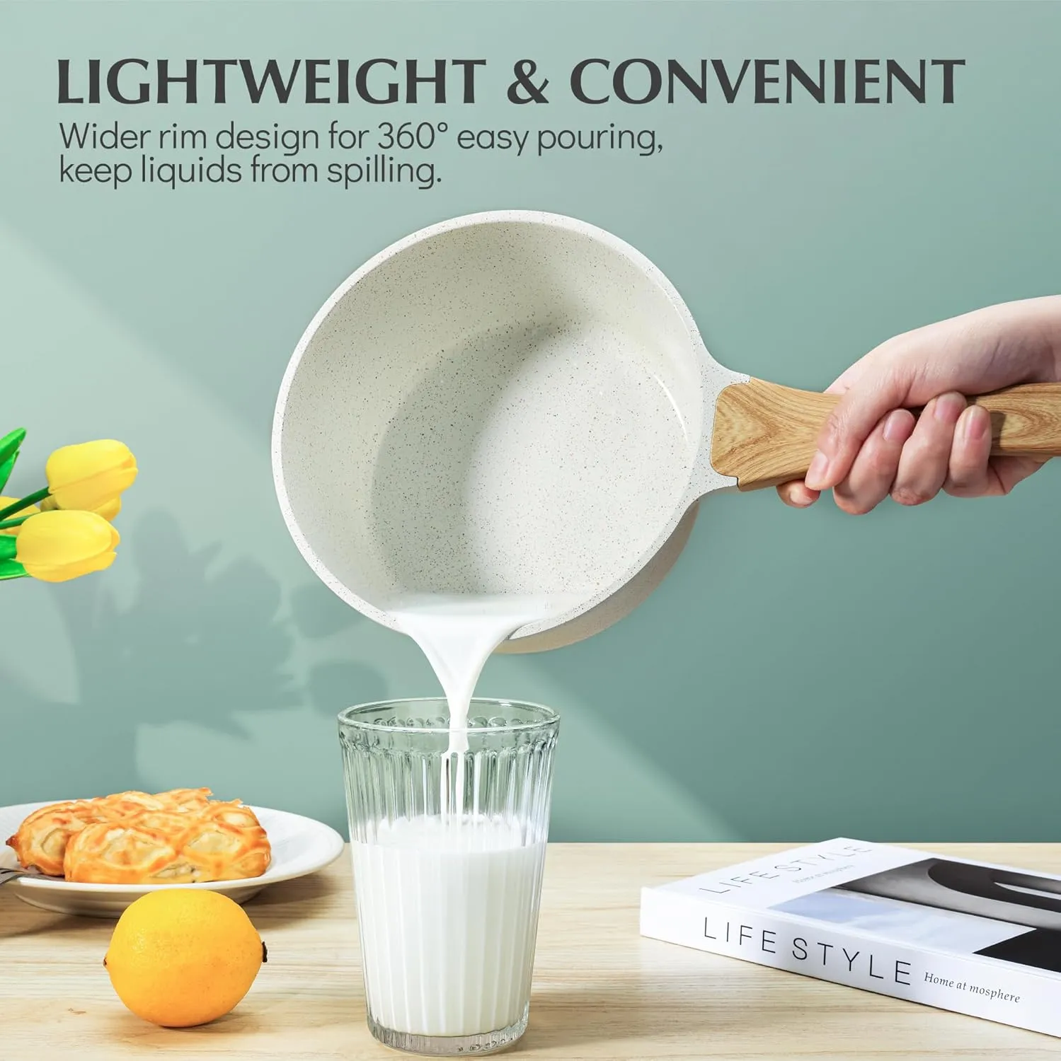 SENSARTE White Ceramic Nonstick Saucepan with Lid 1.5 Quarts, Small Cooking Pot with Stay Cool Handle, Induction Compatible Saucepot, White Granite Coating, PFOA/PFAS Free