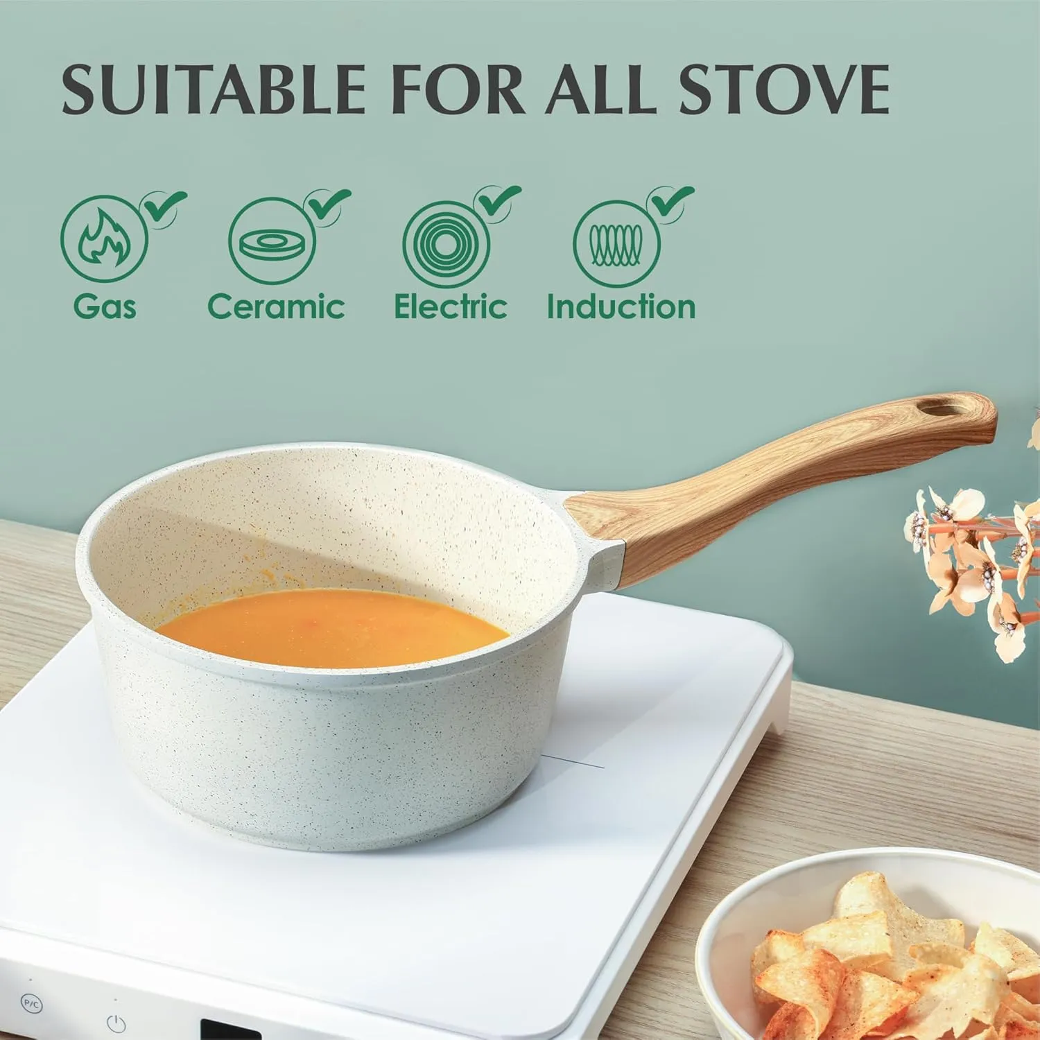 SENSARTE White Ceramic Nonstick Saucepan with Lid 1.5 Quarts, Small Cooking Pot with Stay Cool Handle, Induction Compatible Saucepot, White Granite Coating, PFOA/PFAS Free