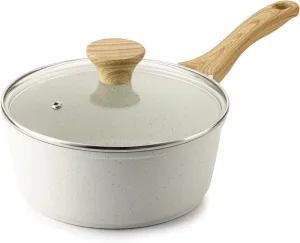 SENSARTE White Ceramic Nonstick Saucepan with Lid 2.5 Quarts, Medium Cooking Pot with Stay Cool Handle, Induction Compatible Saucepot, White Granite Coating, PFOA/PFAS Free