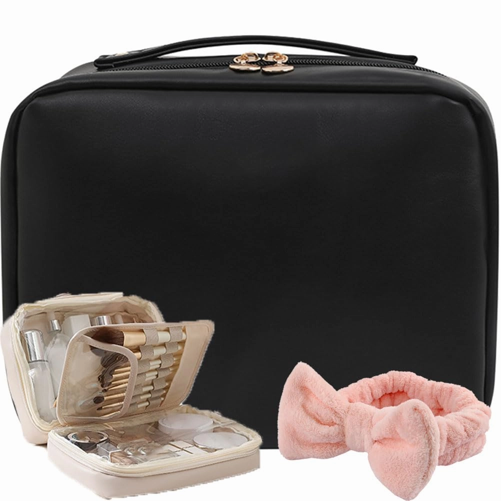 Set Patient Travel Makeup Bag,Multi-Compartment Toiletry Cosmetics Bag,Set Patient Cosmetic Bag,Setpatient Multi Compartment Cosmetic Bag for Women (Black)
